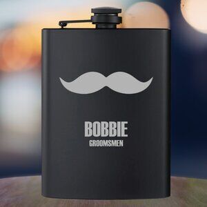 Mustache Groomsmen Bestman Black Flask I Wedding Gift